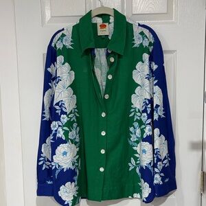 FARM Rio Green and Blue Floral Button-Up Shirt with Shorts 2 piece set SZ.L